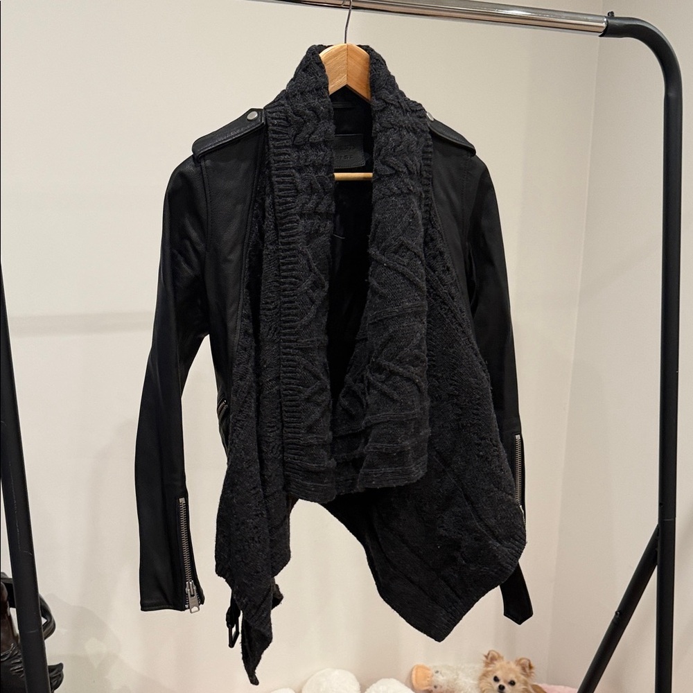 All Saints Black Leather Jacket with Knit Accent